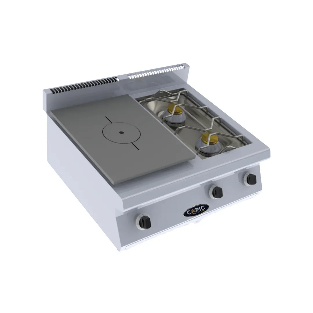 2 feux à droite + plaque coup de feu à gauche 1 plaque - CAPIC - Fourneau à gaz professionnel