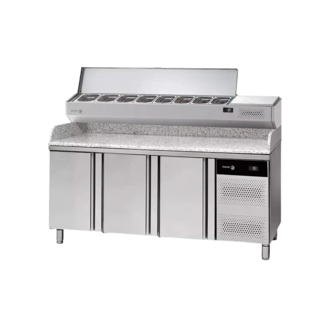 Table à pizza avec dessus granit FAGOR 3 portes + vitrine ingrédient - gamme 700 - 428L CCP-3G GR vue 1 - Usine CHR