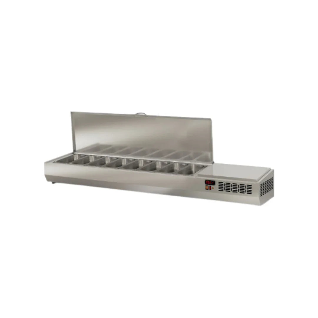 Présentoir à ingrédient couvercle inox 8 x GN 1/3 réfrigérée positive 0/+8°C - 2020x396x436mm CORECO vue 1 - Usine CHR