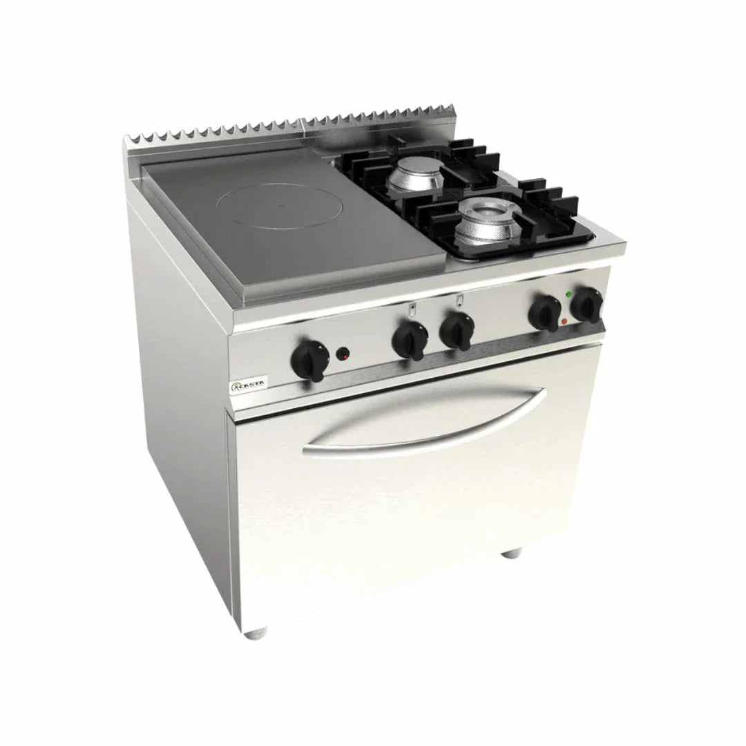 Cuisinière 2 feux + plaque coup de feu à gaz sur four électrique - CASTA - Fourneau à gaz professionnel