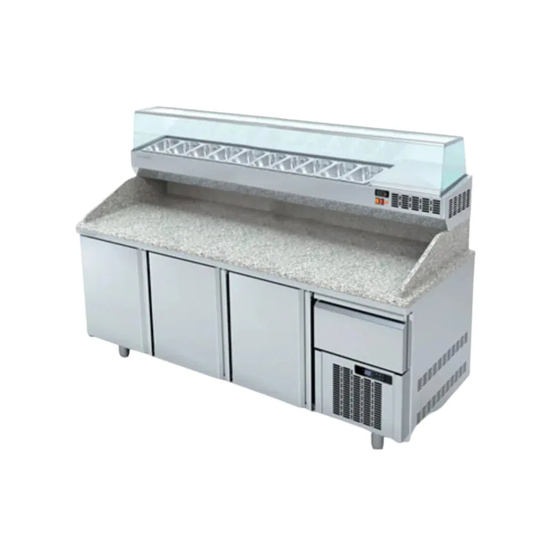 Meuble à pizza 800 réfrigérée positive 0/+8°C gamme TOP - 3 portes + tiroirs CORECO MR80-210 vue 1 - Usine CHR