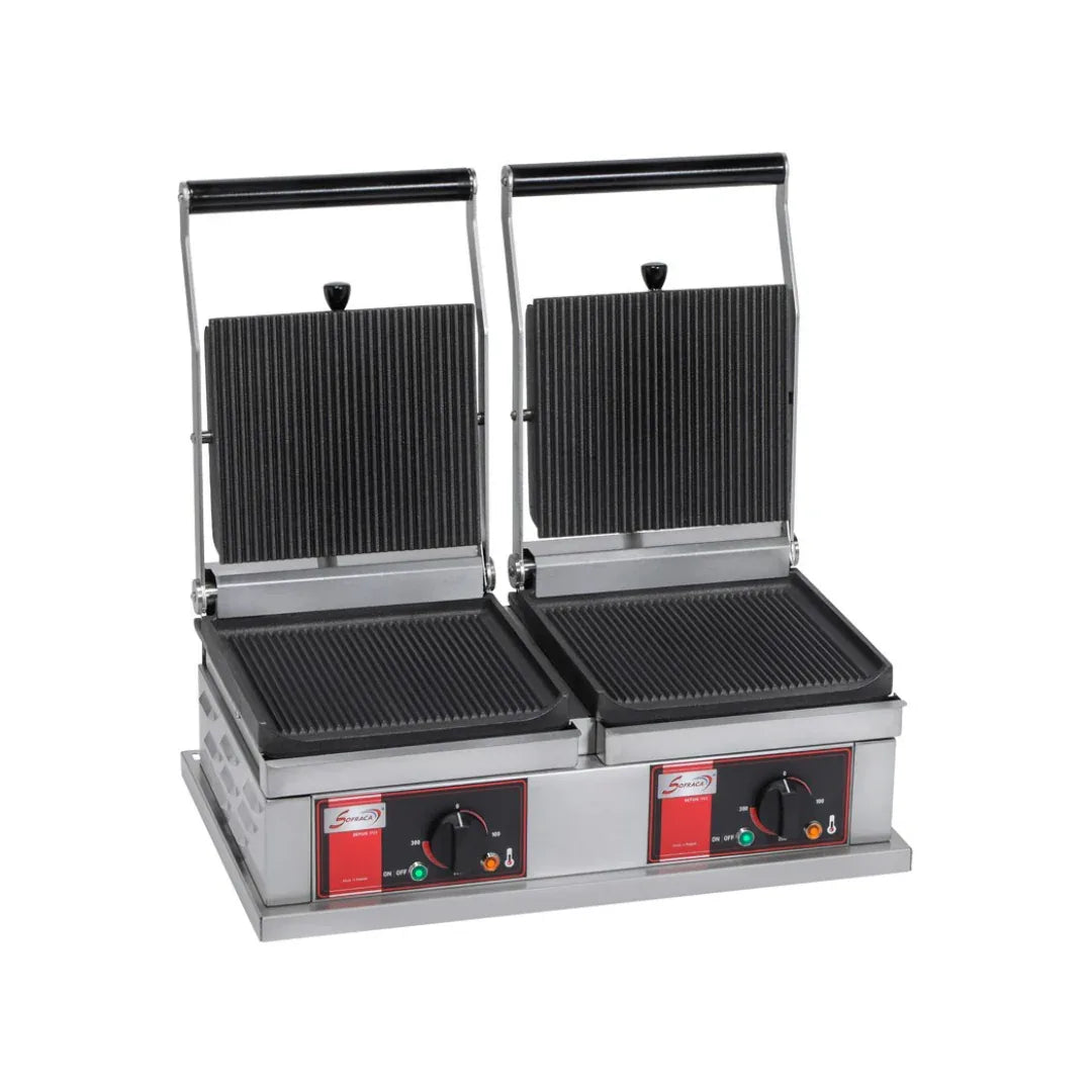 Panini double en fonte rainurée - 590x433x301mm - 2x2 kW Mono 230V - SOFRACA - Grill panini professionnel