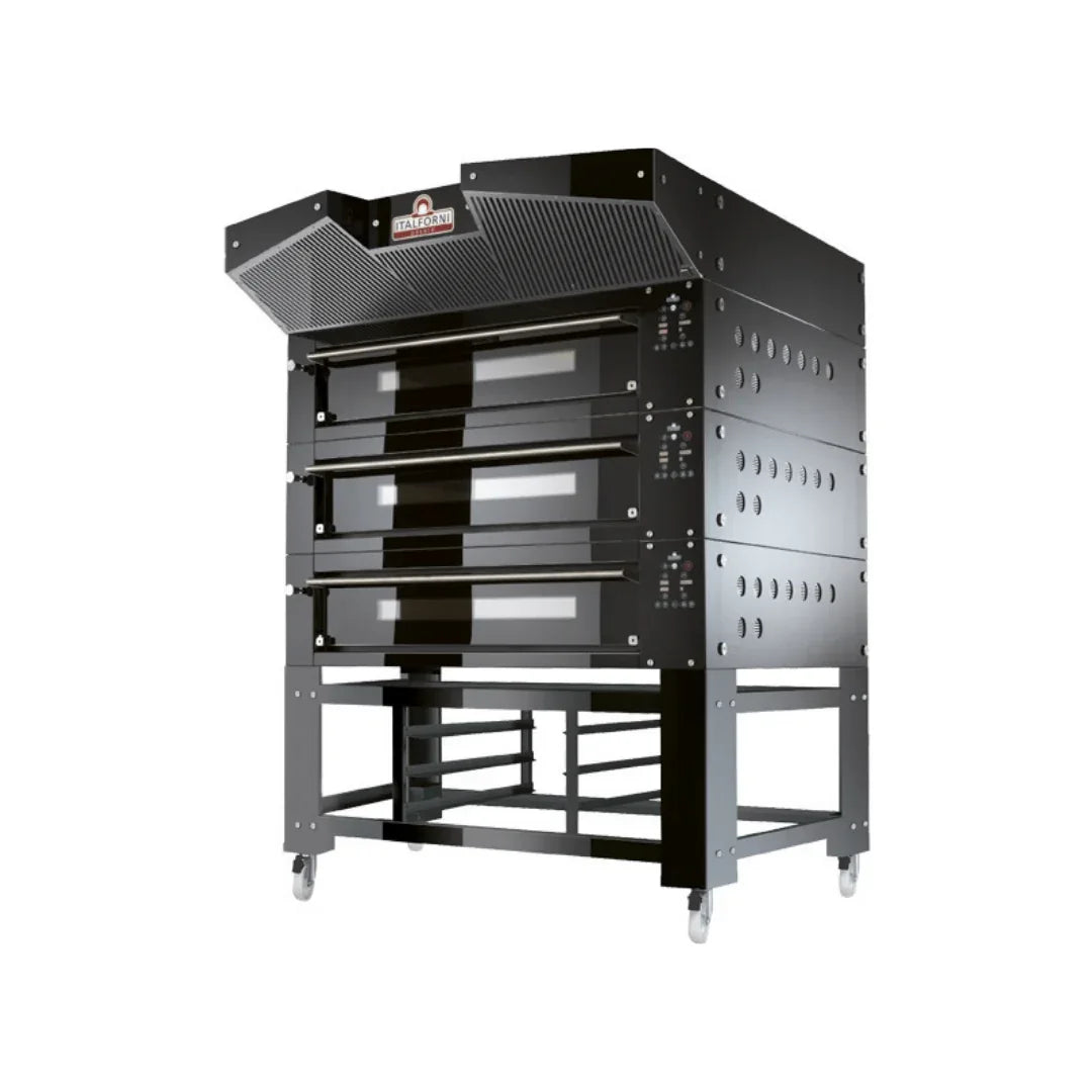 Four à pizza 1 niveau digitales Gamme BULL - 12 pizzas - Hotte motorisée + support à roulettes - Finition rouge ou noir - 163