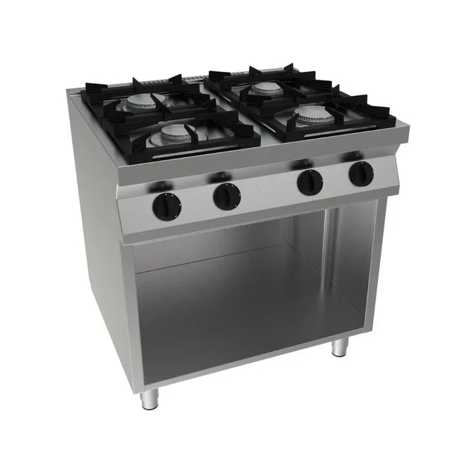 Fourneau professionnel 4 feux vifs à gaz sur meuble ouvert 19 kW