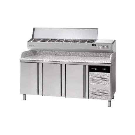 Table à pizza avec dessus granit FAGOR 3 portes + vitrine ingrédient - gamme 700 - 428 litres - FAGOR - Table à pizza