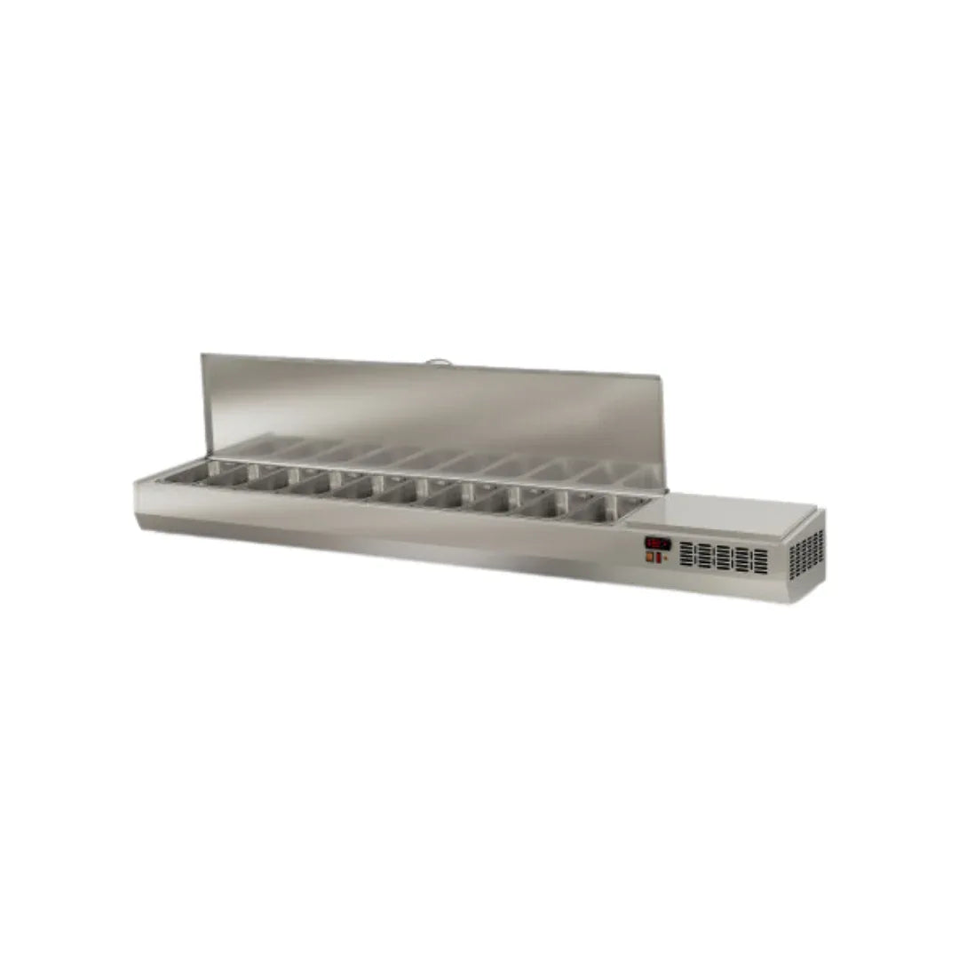 Présentoir à ingrédient couvercle inox 10 x GN 1/3 réfrigérée positive 0/+8°C - 2245x396x436mm CORECO vue 1 - Usine CHR