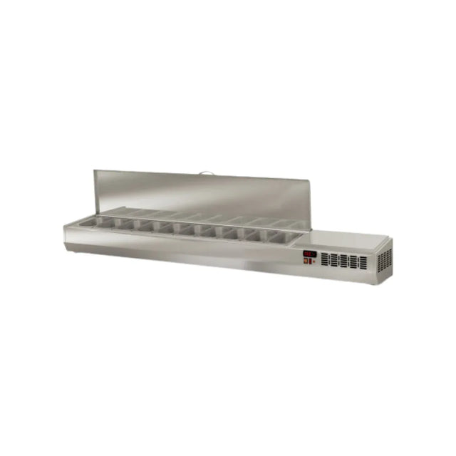 Présentoir à ingrédient couvercle inox 12 x GN 1/4 réfrigérée positive 0/+8°C - 2545x336x436mm CORECO vue 1 - Usine CHR