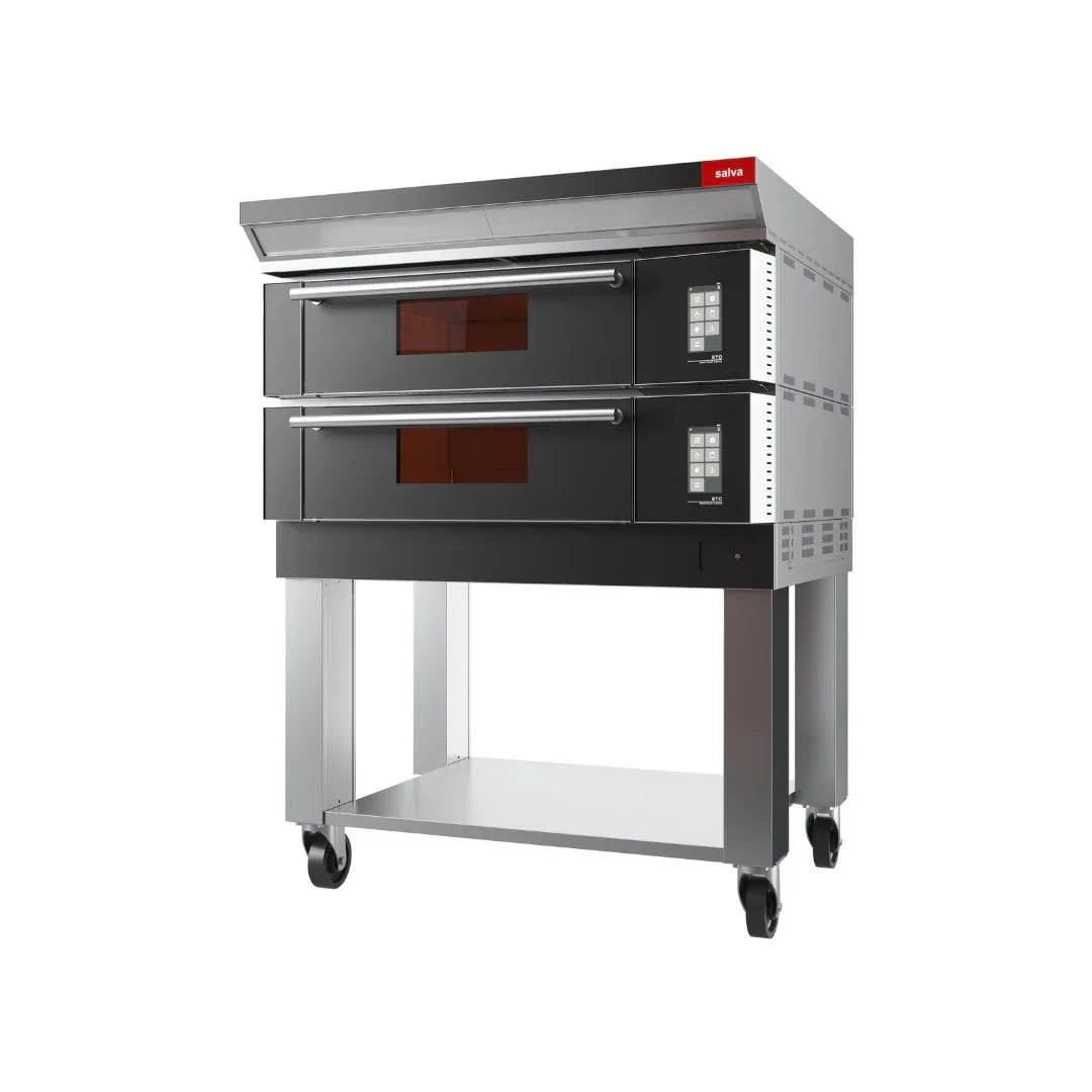 Four à pizza SALVA 4+4 pizzas + support à roulettes - Chambre 817x669mm - Dimensions extérieures : 1317x1073x1675mm vue 1