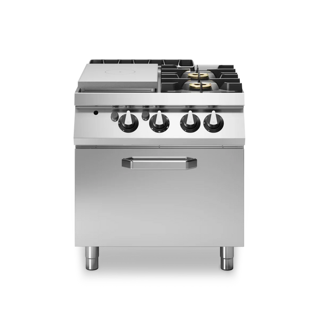 Fourneau 2 feux + plaque coup-de-feu sur four gaz – 26 kW Gaz – 800x730x870mm - MODULAR - Fourneau sur four