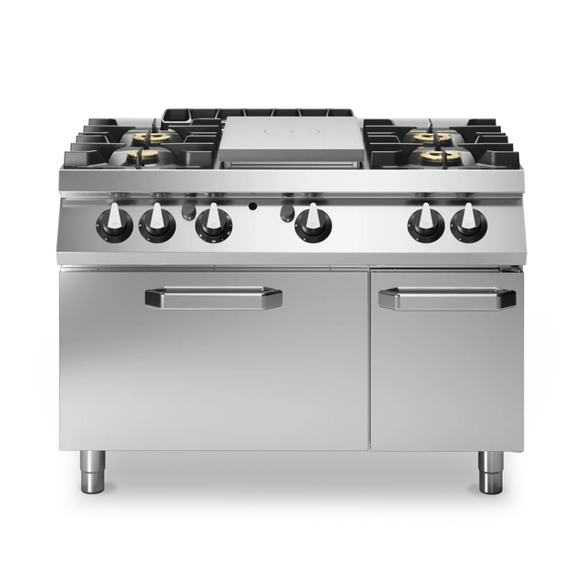 Fourneau 4 feux + plaque coup-de-feu sur four gaz – 35,5 kW Gaz – 1200x730x870mm MODULAR R70/120TPPFGF/P vue 1 - Usine CHR