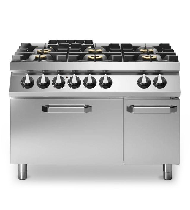 Fourneau 6 feux sur four électrique – 33,5 kW Gaz + 6 kW TRI – 1200x730x870mm MODULAR R70/120CFGE vue 1 - Usine CHR