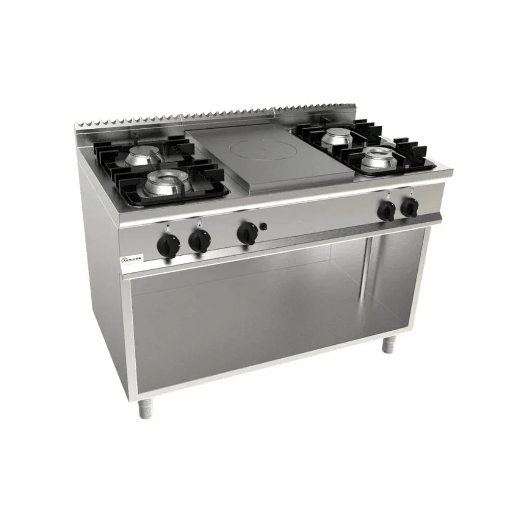 Cuisinière 4 feux + plaque coup de feu à gaz sur meuble ouvert - CASTA - Fourneau à gaz professionnel