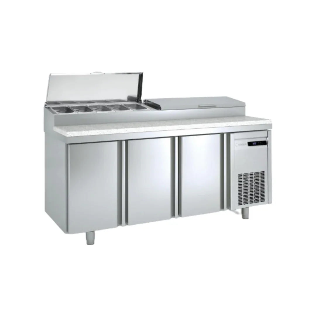 Meuble de préparation saladette bac GN 1/4 réfrigéréé positive 0/+8°C gamme TOP - 3 portes CORECO vue 1 - Usine CHR
