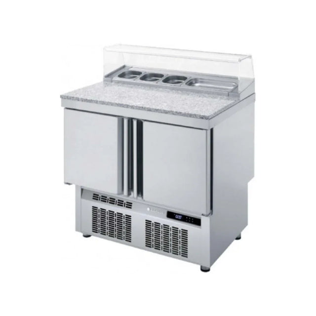 Meuble saladette plan en granit GN 1/1 réfrigérée positive 0/+8°C gamme TOP CORECO MFP-100 vue 1 - Usine CHR