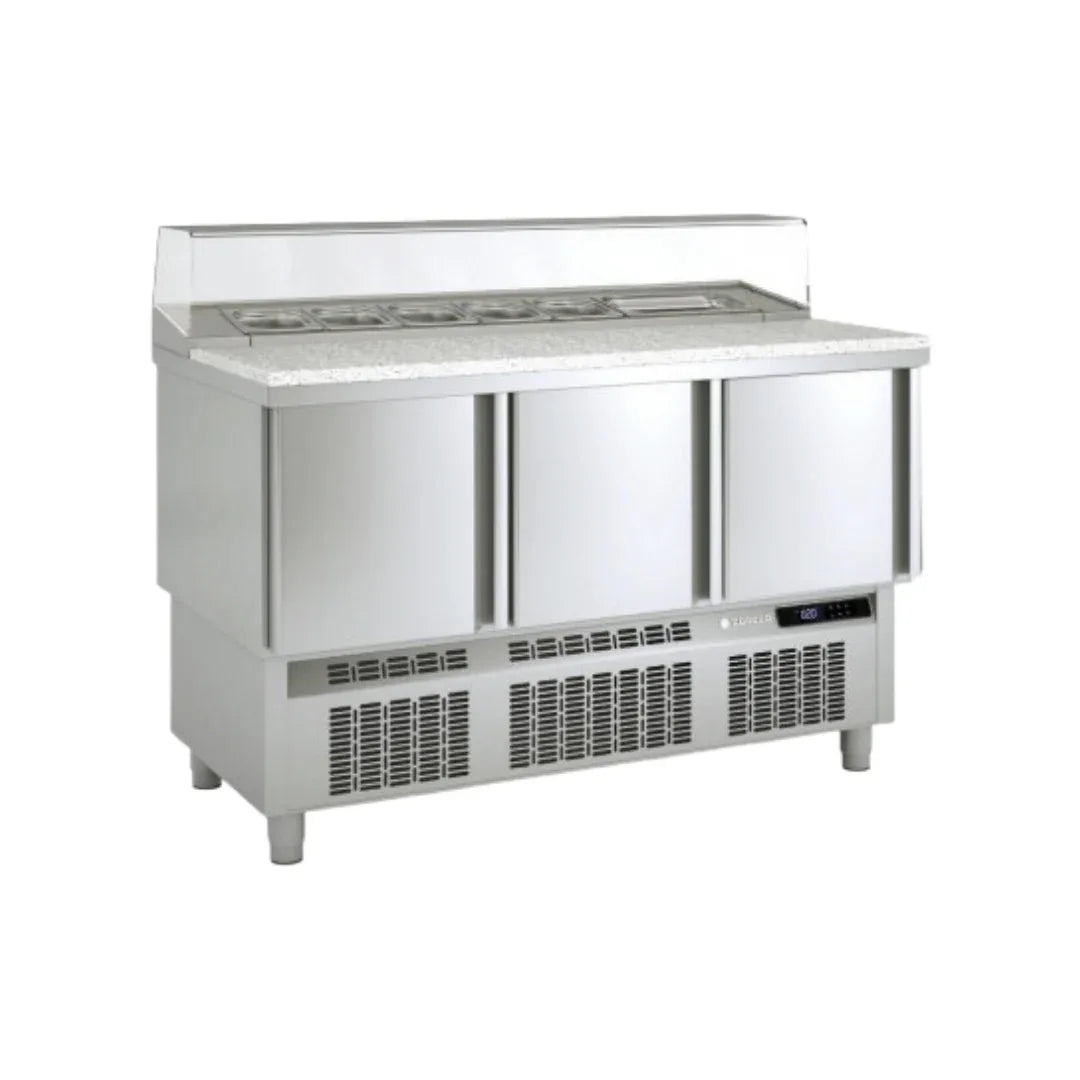 Meuble saladette plan en granit GN 1/1 réfrigérée positive 0/+8°C gamme TOP CORECO MFP-140 vue 1 - Usine CHR