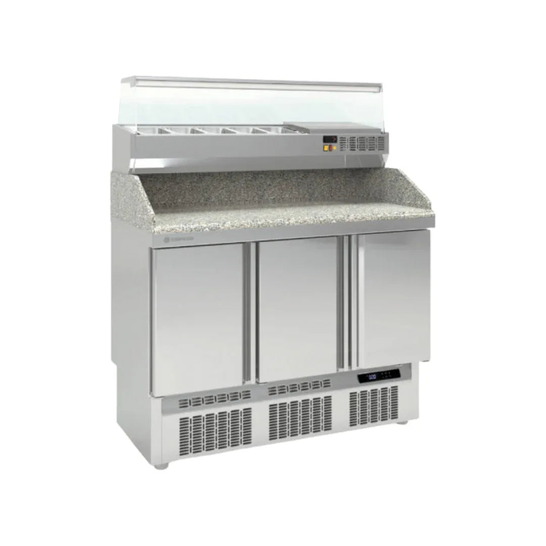 Meuble pizza compact GN 1/1 réfrigérée positive 0/+8°C gamme TOP - 3 portes CORECO MFPP-140 vue 1 - Usine CHR