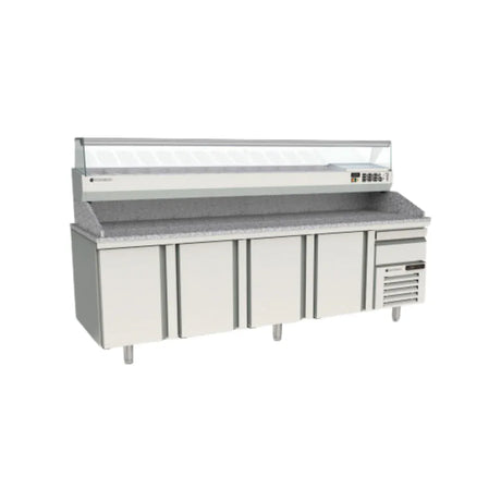 Meuble à pizza 800 réfrigérée positive 0/+8°C gamme TOP - 4 portes + tiroirs - 2615x800x850mm - CORECO - Table à pizza