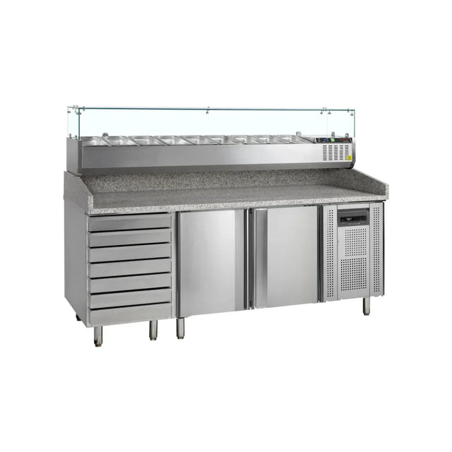 Table à pizza 2 portes + 7 tiroirs + vitrine ingrédients - 2045x800x1448mm TEFCOLD PT1310 + GVC38-200 vue 1 - Usine CHR