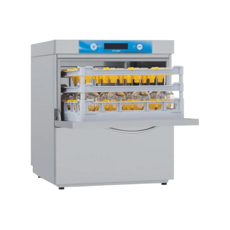 Lave verres RIVER - Panier 500x500mm - Passage : 285mm - Pompe de vidange de série - adoucisseur en continu - Triphasé 400V -