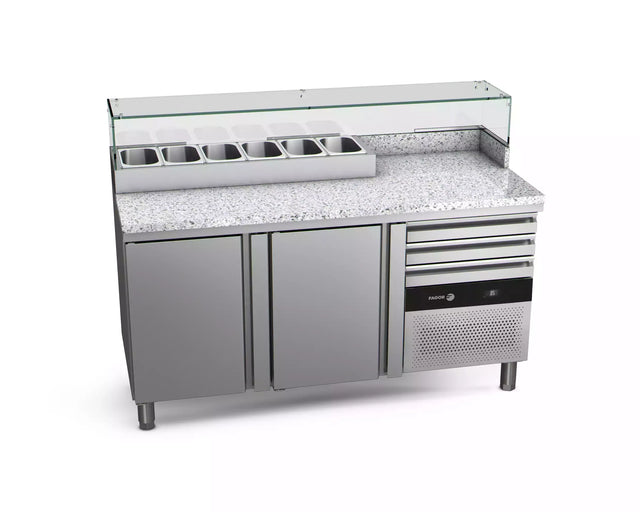 Table à pizza avec dessus granit FAGOR 2 portes + vitrine ingrédient - gamme 700 - 325L CPZC-2G vue 1 - Usine CHR