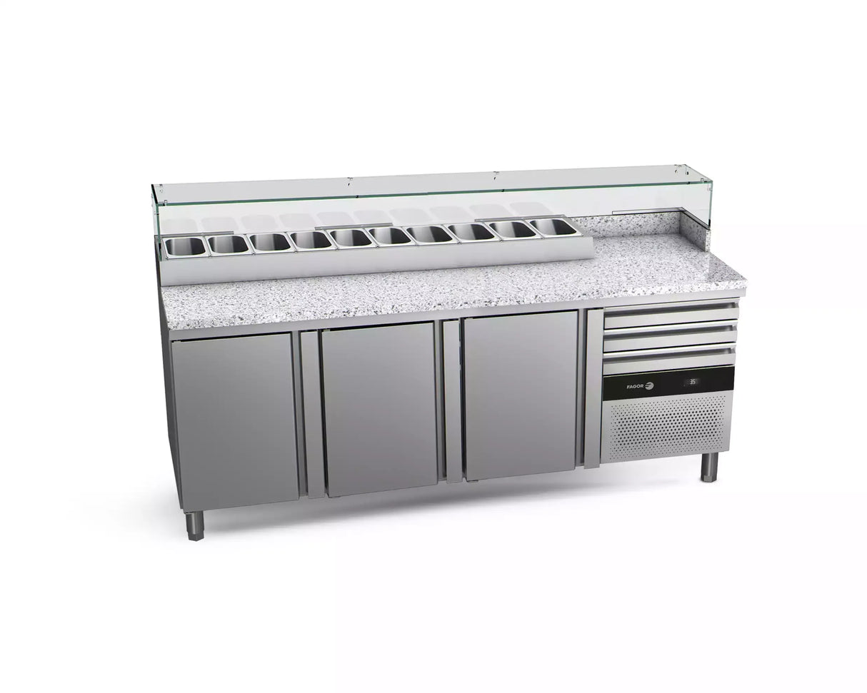 Table à pizza avec dessus granit FAGOR 3 portes + vitrine ingrédient - gamme 700 - 505L CPZC-3G vue 1 - Usine CHR